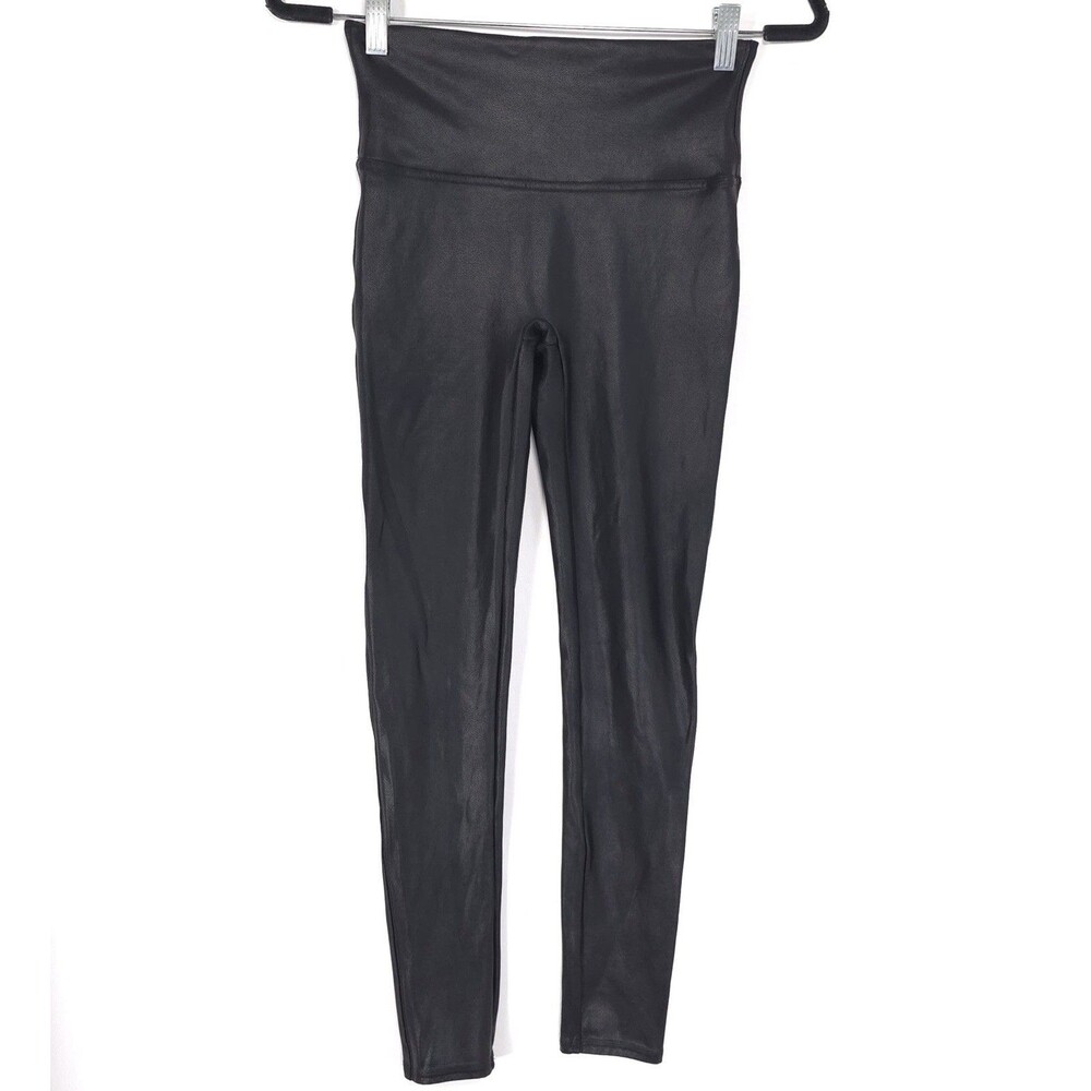 SPANX‎ Women's MEDIUM shape 2437 Faux Leather Leggings Pants Black Glossy Coated